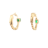 Vibrant Color Stone 14K Yellow Gold 0.36 Carats Oval Emerald & 0.25 Carats Diamond Small Hoop Earrings