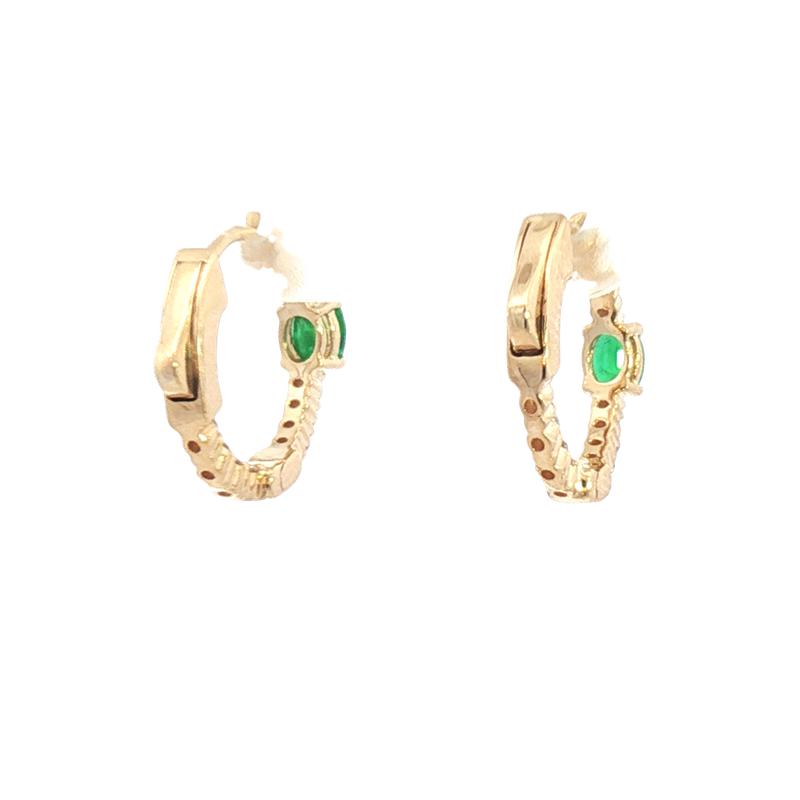 Vibrant Color Stone 14K Yellow Gold 0.36 Carats Oval Emerald & 0.25 Carats Diamond Small Hoop Earrings