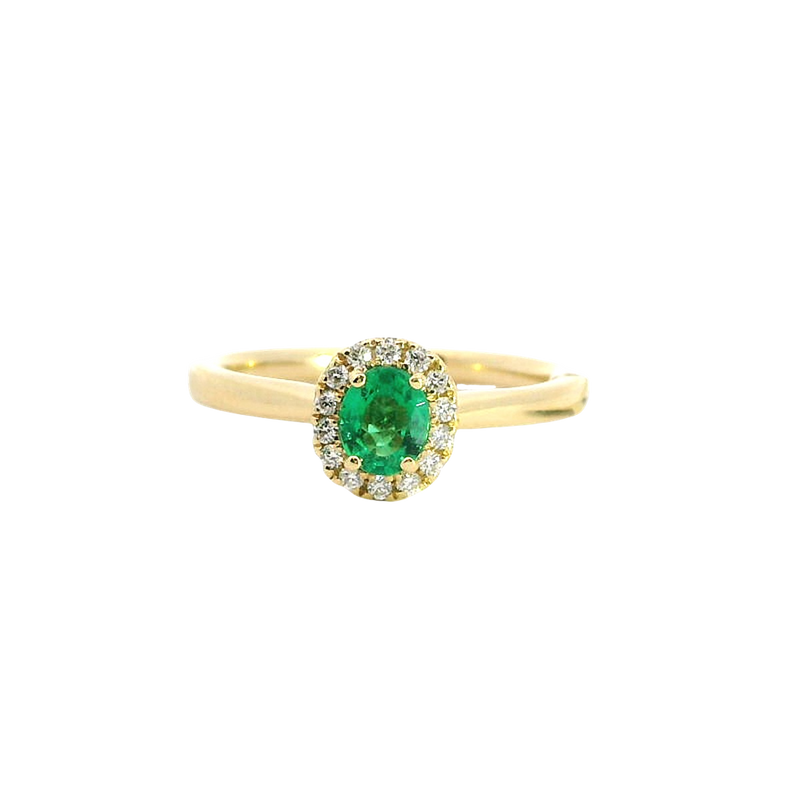 Bold & Elegant 18K Yellow Gold Oval Cut 0.31 Carats Emerald & 0.10 Carats Diamond Halo Ring