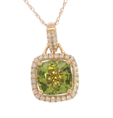 Vibrant 14K Rosé Gold Cushion Cut 2.10 Carats Peridot & 0.24 Carats Diamond Halo Necklace - 18 inch