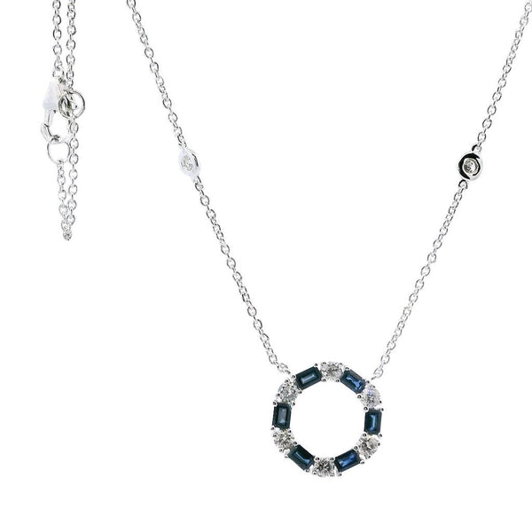 Vibrant Colored Stone Necklaces 14K Gold White 0.65 Carats Blue Sapphire & 0.45 Carats Diamond Circle Necklace, 18 Inch