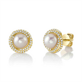 Timeless & Sophisticated Design Yellow 14K Gold 6.0-6.5mm Cultured Pearl & 0.26 Carats Diamond Stud Earrings