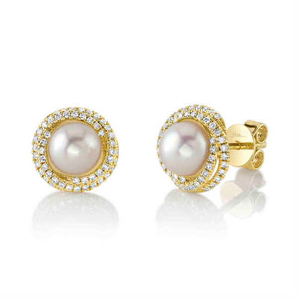 Timeless & Sophisticated Design Yellow 14K Gold 6.0-6.5mm Cultured Pearl & 0.26 Carats Diamond Stud Earrings