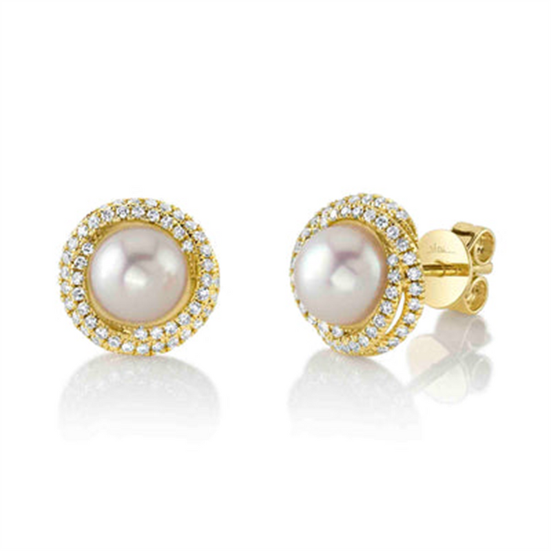 Timeless & Sophisticated Design Yellow 14K Gold 6.0-6.5mm Cultured Pearl & 0.26 Carats Diamond Stud Earrings
