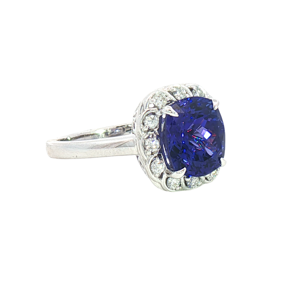 Bold & Elegant 18K White Gold Cushion Cut 3.26 CaratsTanzanite & 0.22 Carats Diamond Halo Ring