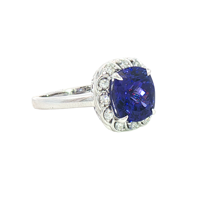 Bold & Elegant 18K White Gold Cushion Cut 3.26 CaratsTanzanite & 0.22 Carats Diamond Halo Ring