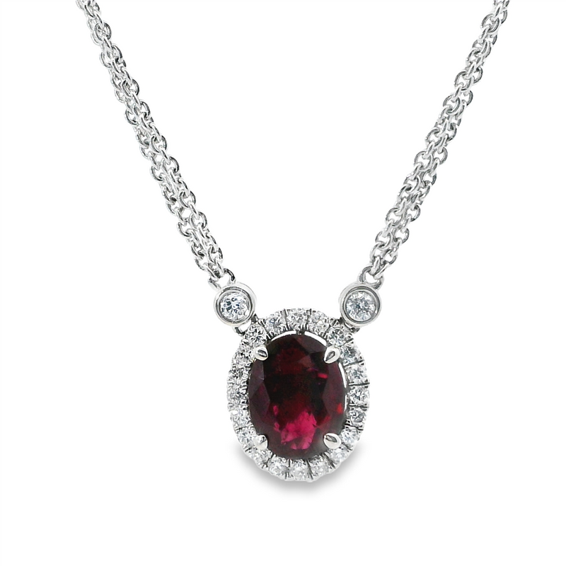Vibrant Colored Stone Necklaces 18K White Gold 1.37 Carats Ruby & 0.39 Carats Diamond Halo Necklace, 18 Inch