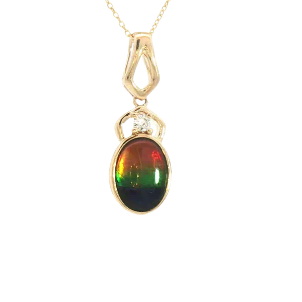 Vibrant 14K Yellow Gold Oval Cut 1.29 Carats Ammolite & 0.03 Carats Diamond Drop Necklace, 18 inch