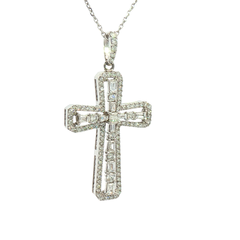 Elegant Diamond Necklaces & Pendants 18K White Gold 0.77 Carats Baguette & Round Diamond Medium Cross Pendant