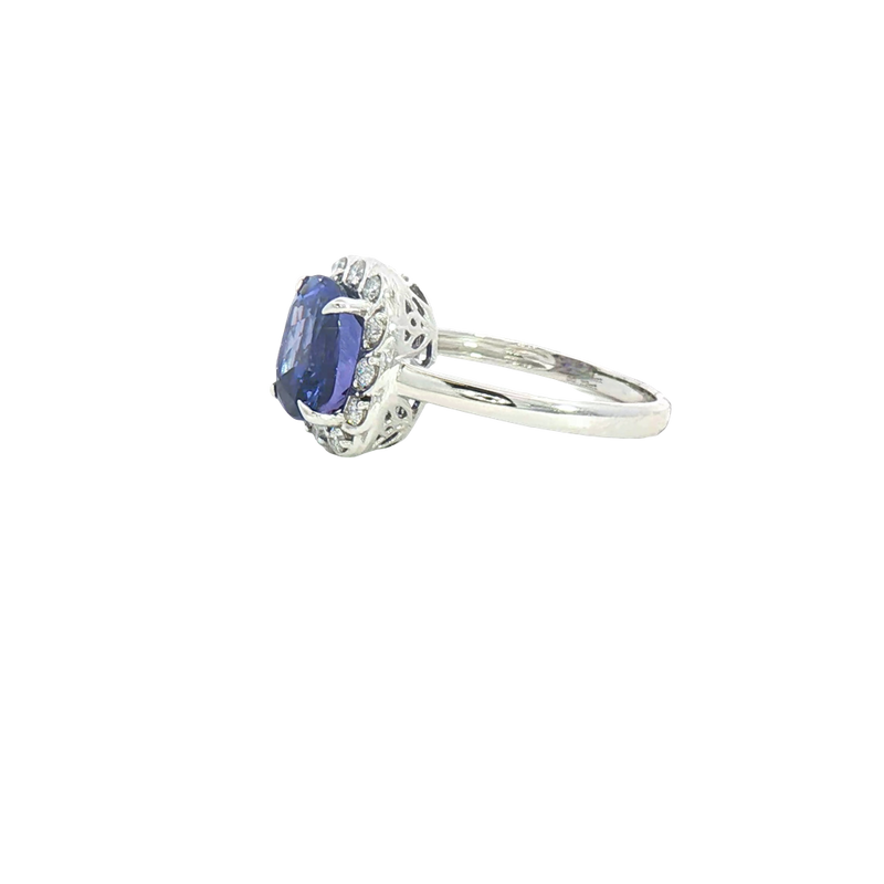 Bold & Elegant 18K White Gold Cushion Cut 3.26 CaratsTanzanite & 0.22 Carats Diamond Halo Ring