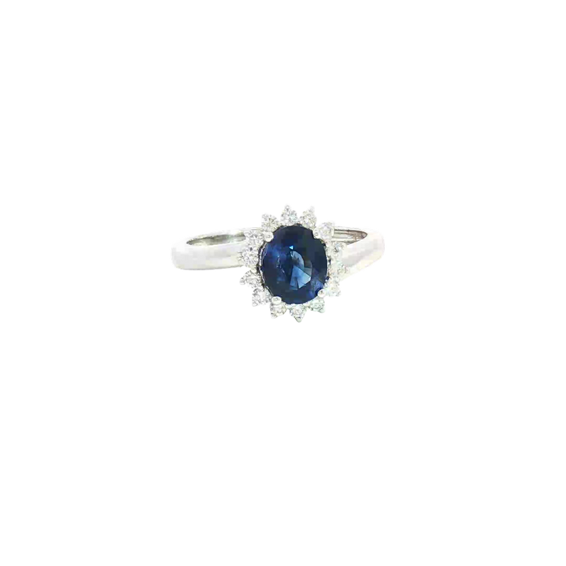 Bold & Elegant 14K White Gold Oval Cut 1.16 Carats Blue Sapphire & 0.23 Carats Diamond Halo Ring