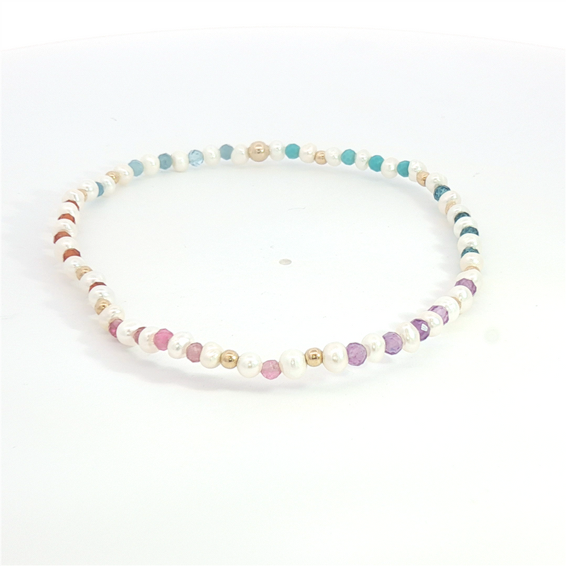 Pearl, Teal Magnisite, Aqua, Hessonite Garnet, Pink Selenite, Amethyst, London Blue Topaz, & Gold Filled Square Bead Bracelet - 7 Inch