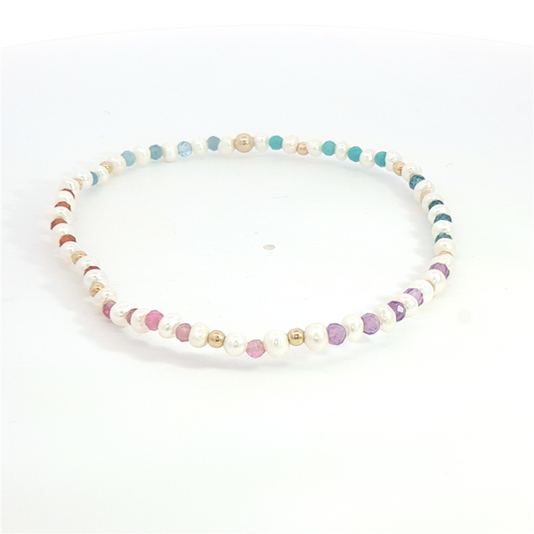 Pearl, Teal Magnisite, Aqua, Hessonite Garnet, Pink Selenite, Amethyst, London Blue Topaz, & Gold Filled Square Bead Bracelet - 6.5 Inch
