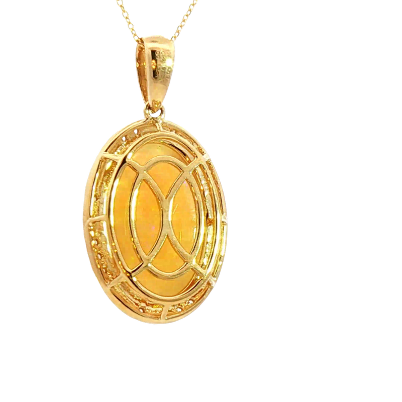 Vibrant Colored Stone Necklaces 14K Gold Yellow 8.91 Carats Opal & 0.13 Carats Diamond Halo Necklace, 18 Inch