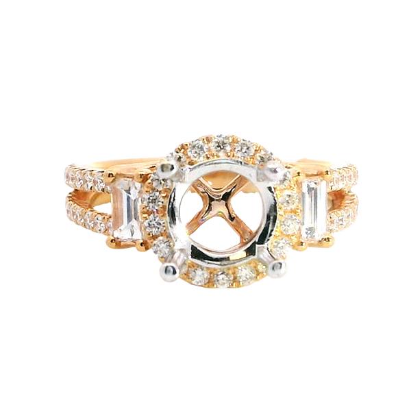 Elegant Diamond Mountings 18K Rosé & White Gold 1.50 Carat round Mounting -  0.87 Carat Baguette & Round Diamonds