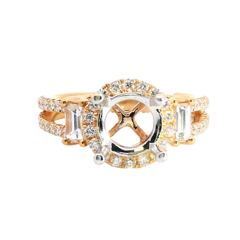 Elegant Diamond Mountings 18K Rosé & White Gold 1.50 Carat round Mounting -  0.87 Carat Baguette & Round Diamonds