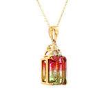 Vibrant Colored Stone Necklaces 18K Yellow Gold Emerald Cut 5.62 Carats WatermelonTourmaline & 0.18 Carats Diamond Necklace, 18 Inch
