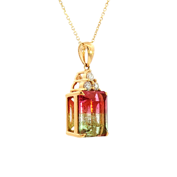 Vibrant Colored Stone Necklaces 18K Yellow Gold Emerald Cut 5.62 Carats WatermelonTourmaline & 0.18 Carats Diamond Necklace, 18 Inch