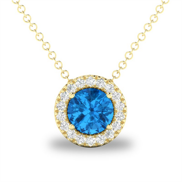 Yellow 10 Karat Gold 0.31 Carats Blue Topaz & 0.05 Carats Diamond Halo Necklace