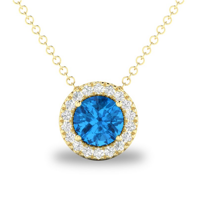 Yellow 10 Karat Gold 0.31 Carats Blue Topaz & 0.05 Carats Diamond Halo Necklace