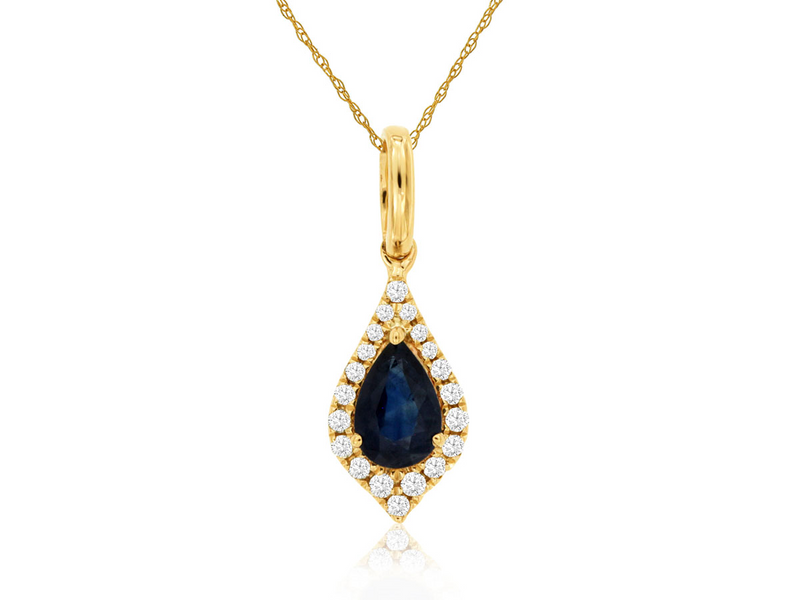 Yellow 14 Karat Gold 0.40 Carats Sapphire & 0.10 Carats Diamond Halo Drop Necklace