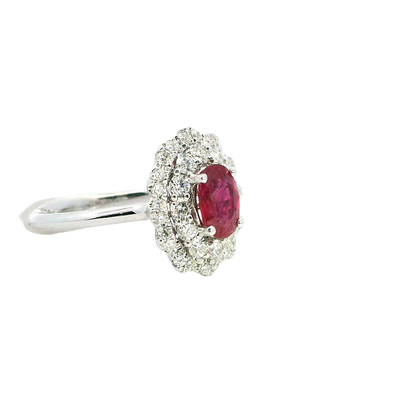 Bold & Elegant 18K White Gold Oval Cut 1.0 Carat Ruby & 0.66 Carats Diamond Double Halo Ring