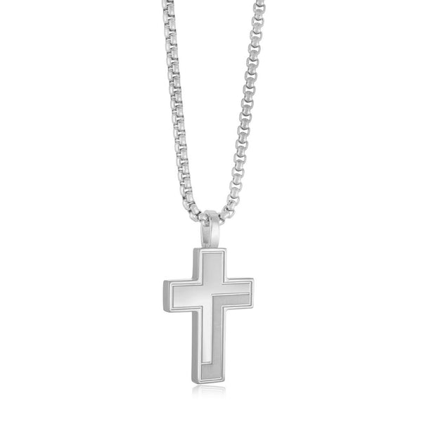 Bold & Classic White Stainless Steel Cross Pendant & Box Chain