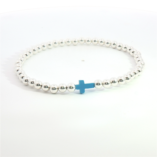 White Sterling Silver 4 MM Bead & Turquoise Cross Bracelet - 8 Inch