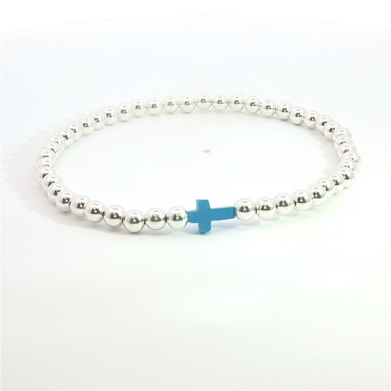 White Sterling Silver 4 MM Bead & Turquoise Cross Bracelet - 8 Inch