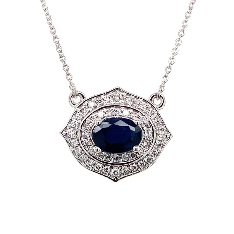 White 14 Karat Gold 0.98 Carats Sapphire & 0.35 Carats Diamond Halo Necklace