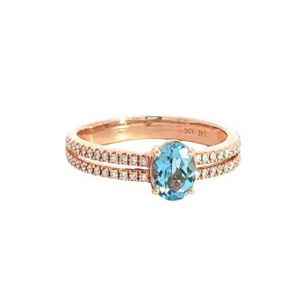 Bold & Elegant 14K Rosé Gold Oval Cut 0.63 Carats Light Blue Aquamarine & 0.18 Carats Diamond Ring