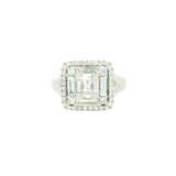 Elegant & Trendy 14K White Gold Square Cushion 1.29 Carats Baguette & Round Diamond Halo Ring