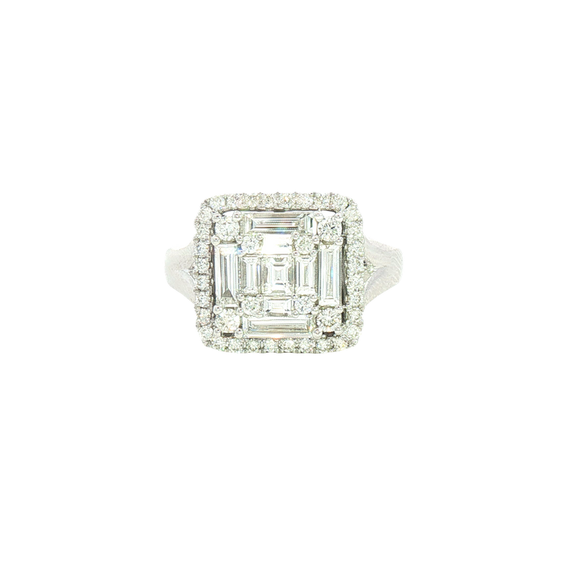 Elegant & Trendy 14K White Gold Square Cushion 1.29 Carats Baguette & Round Diamond Halo Ring