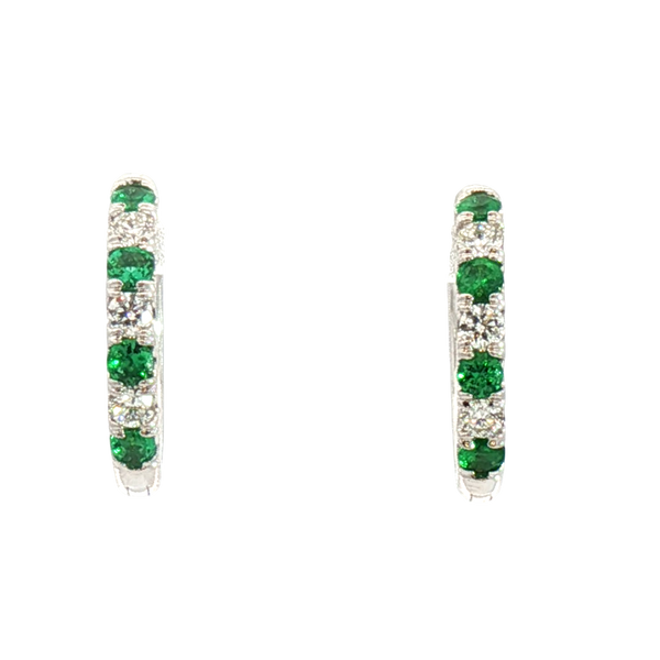 Vibrant Color Stone 18K White Gold 0.34 Carats Emerald & 0.24 Carats Diamond Small 15mm Hoop Earrings