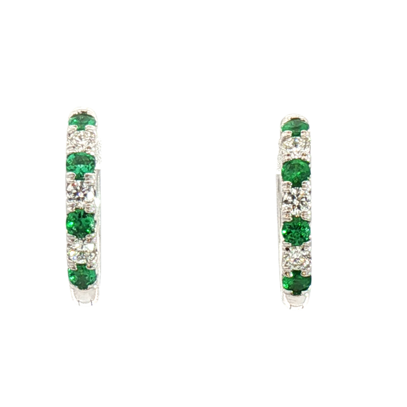 Vibrant Color Stone 18K White Gold 0.34 Carats Emerald & 0.24 Carats Diamond Small 15mm Hoop Earrings