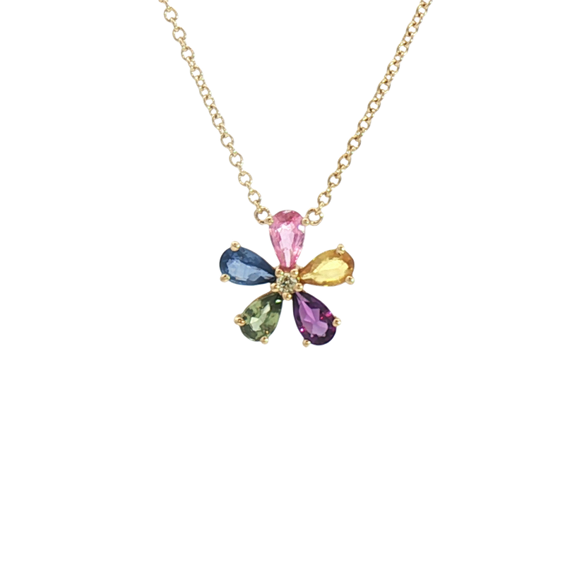 Vibrant Colored Stone Necklaces 14K Yellow Gold 1.13 Carats Sapphires & 0.02 Carats Diamond Floral Necklace, 18 Inch