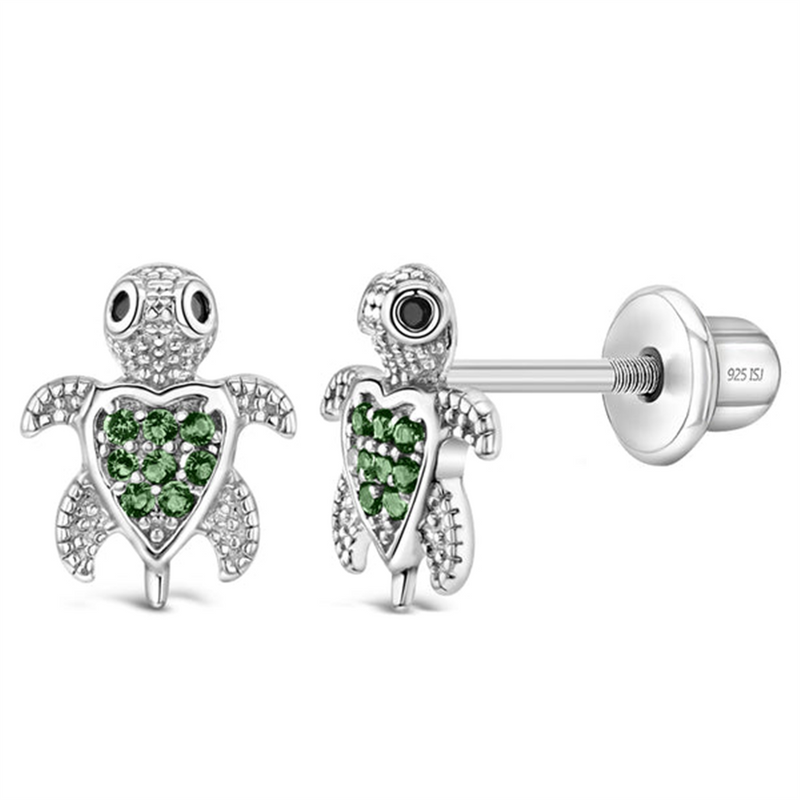 Sterling Silver Adorable Turtle August Birthstone Green CZ Earrings For Children