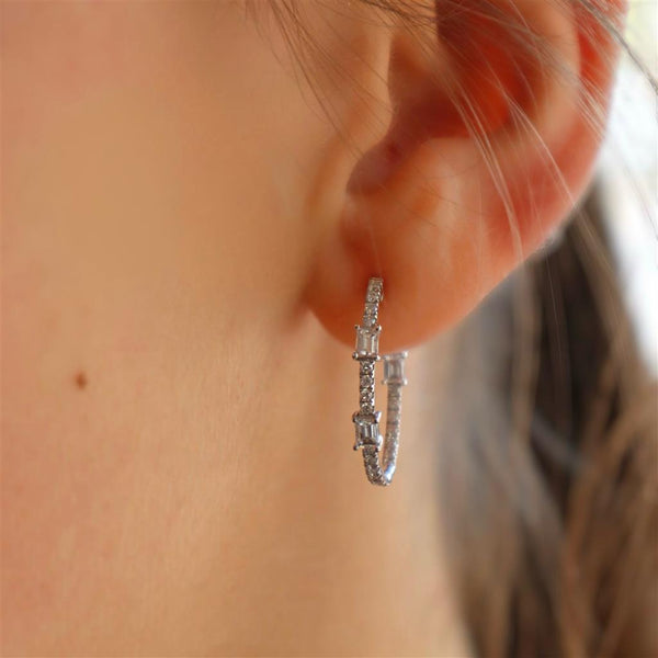 Classic & Contemporary 18K White Gold 1.05 Carats Total Weight Baguette & Round Diamond Inside Out Medium Hoop Earrings