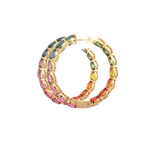 Vibrant Color Stone 14K Yellow Gold Oval Cut 6.78 Carats Multi Colored Sapphire Large Hoop Earrings