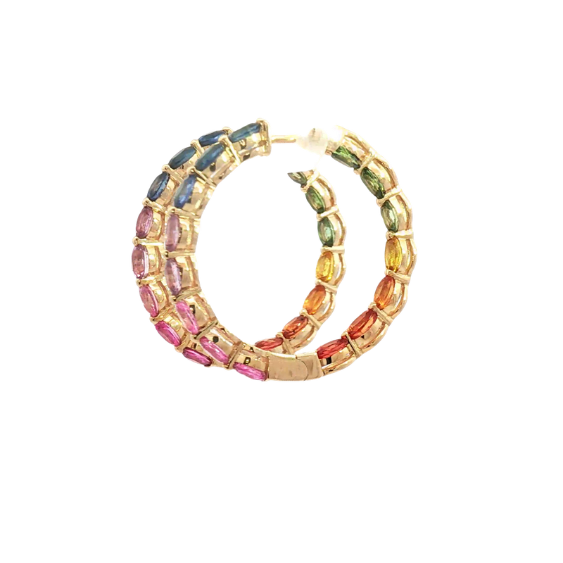 Vibrant Color Stone 14K Yellow Gold Oval Cut 6.78 Carats Multi Colored Sapphire Large Hoop Earrings