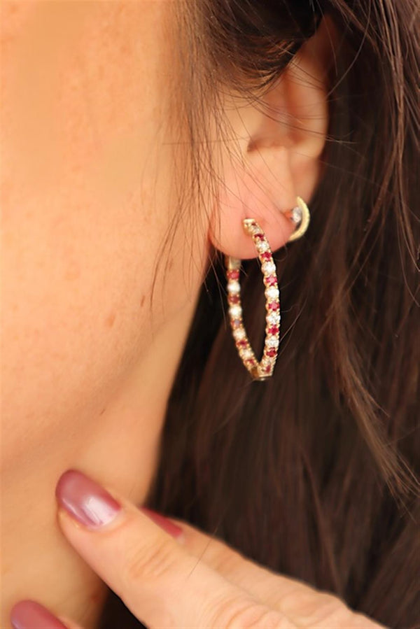 Vibrant Color Stone 14K Gold Yellow 1.08 Carats Ruby & 0.97 Carats Diamond Medium Hoop Earrings