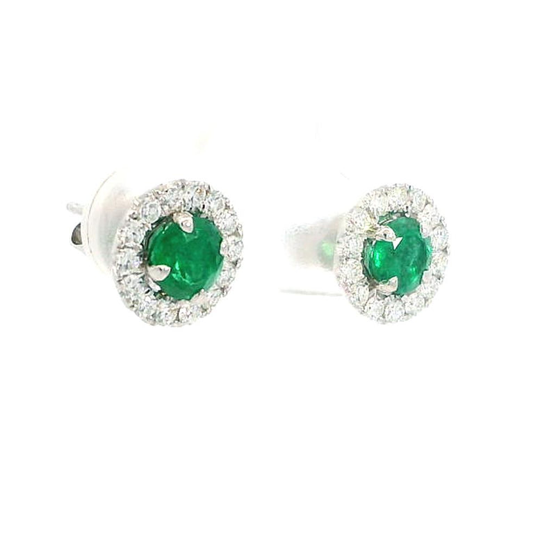 Vibrant Color Stone 18K White Gold 0.96 Carats Emerald & 0.51 Carat Diamond Halo Stud Earrings