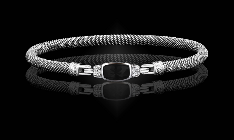 White Sterling Silver Onyx & 0.10 Carats Diamond Bangle Bracelet