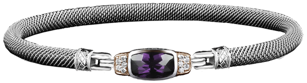 Elegant & Eye Catching Sterling Silver & 14K Yellow Gold Amethyst & 0.10 Carats Lab Grown Diamond Bangle Bracelet - 6.5 Inch