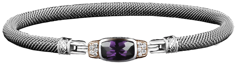 Elegant & Eye Catching Sterling Silver & 14K Yellow Gold Amethyst & 0.10 Carats Lab Grown Diamond Bangle Bracelet - 6.5 Inch