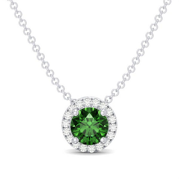 White 10 Karat Gold 0.27 Carats Emerald & 0.05 Carats Diamond Halo Necklace