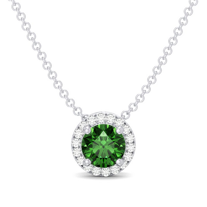 White 10 Karat Gold 0.27 Carats Emerald & 0.05 Carats Diamond Halo Necklace