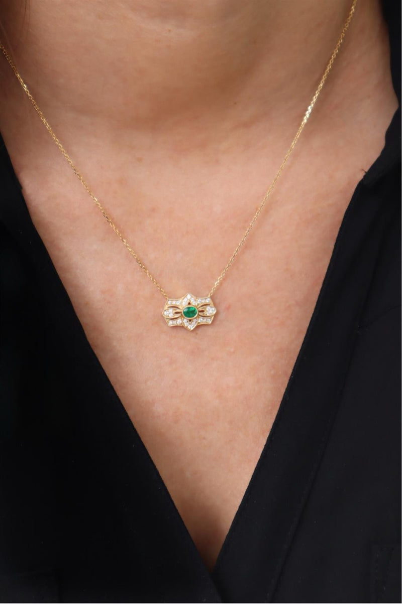 Vibrant 18K Gold Yellow 0.21 Carats Emerald & 0.19 Carats Diamond Vintage Inspirec Necklace, 18 Inch