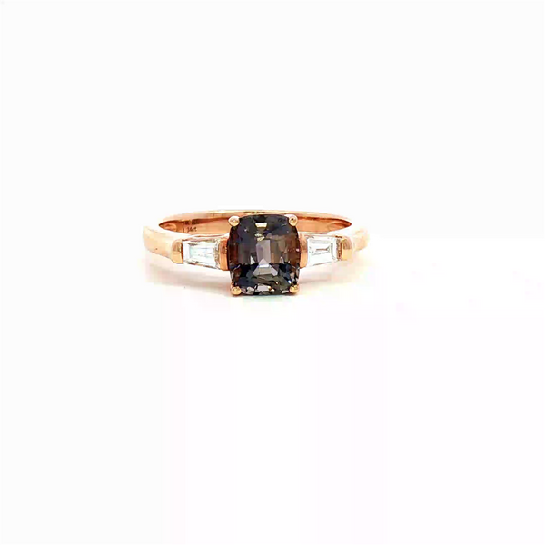 Bold & Elegant 14K Rosé Gold Cushion Cut 1.34 Carats Spinel & Trapezoid Cut 0.27 Carats Diamond Three Stone Ring