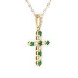 Vibrant 18K Yellow Gold 0.13 Carats Emerald & 0.16 Carats Diamond Small Cross Pendant